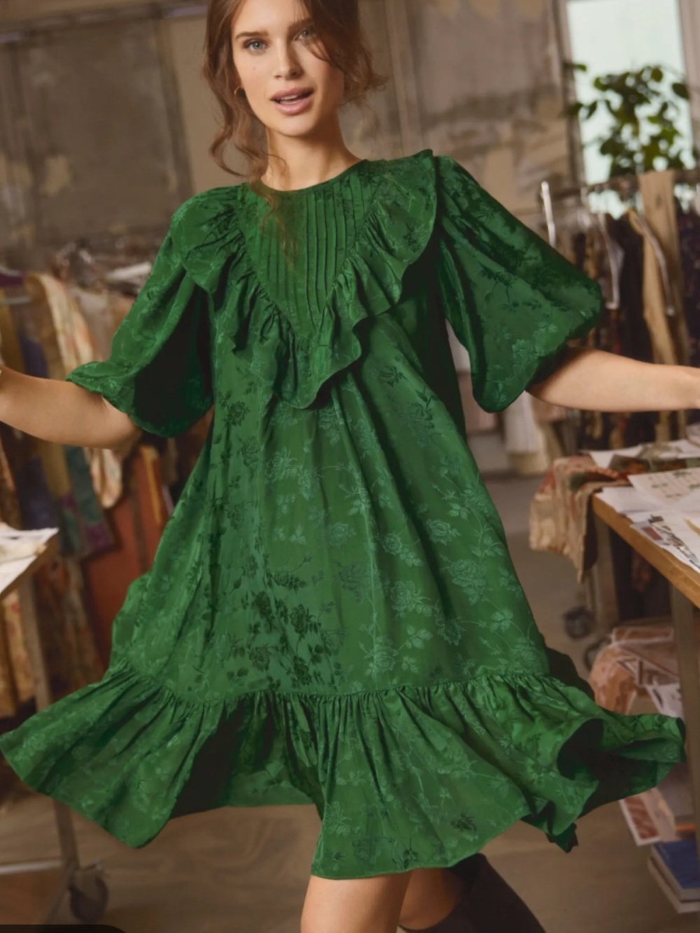 By Timo Kelly green floral ruffled mini-dress high neck ballon sleeves XL